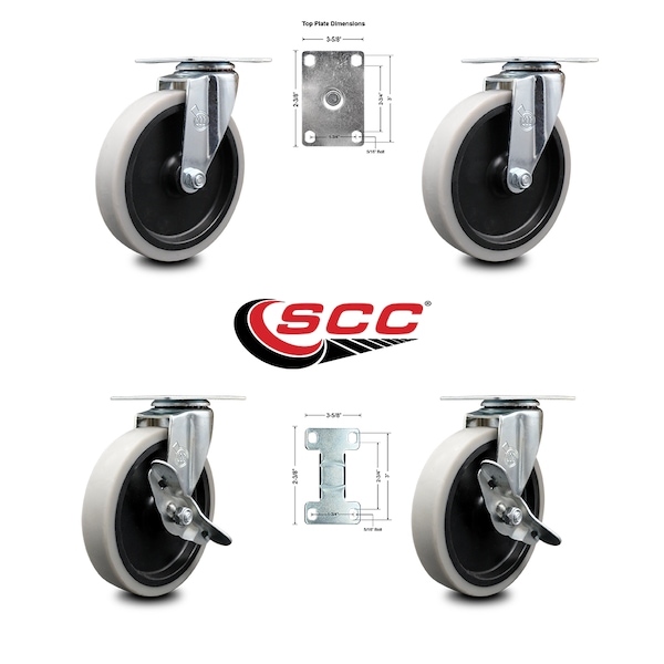 5 Inch Thermoplastic Wheel Top Plate Caster Set with 2 Brakes